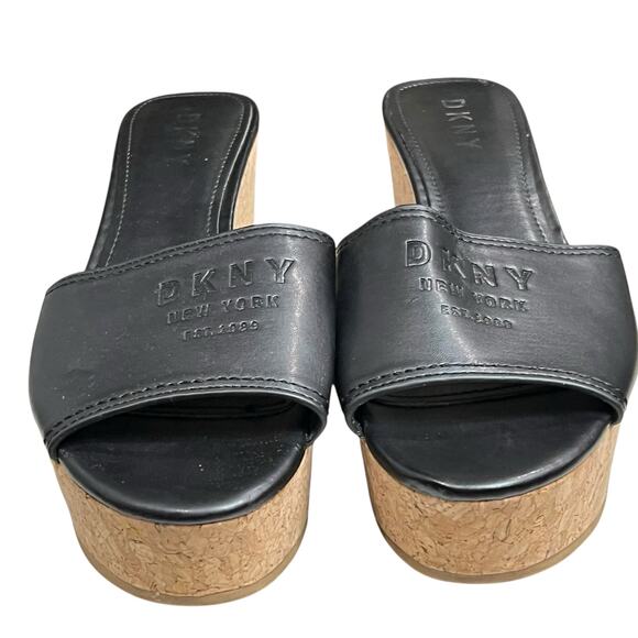 DKNY Platform Wedge Sandal Womens 8.5 Black Logo Cork Like Slip On Retro Chic - Picture 5 of 13